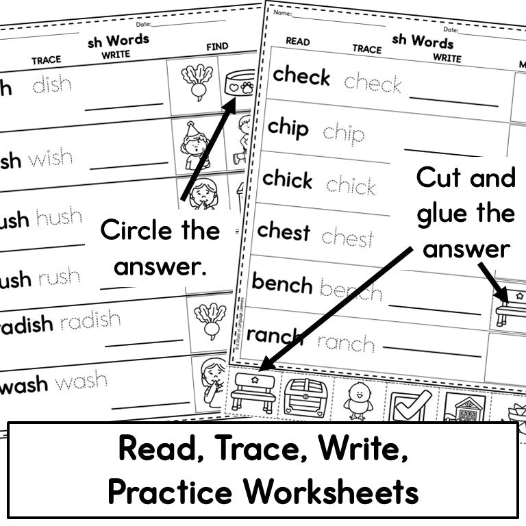 Digraph Phonics - Read, Trace, Find Practice Worksheets