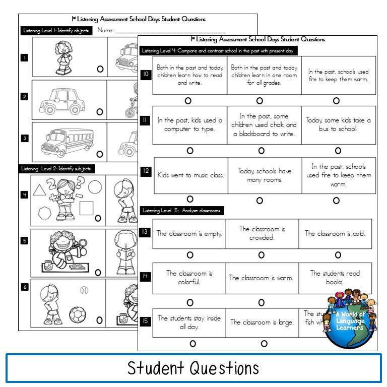 ESL Listening Assessments First Grade Print and Digital