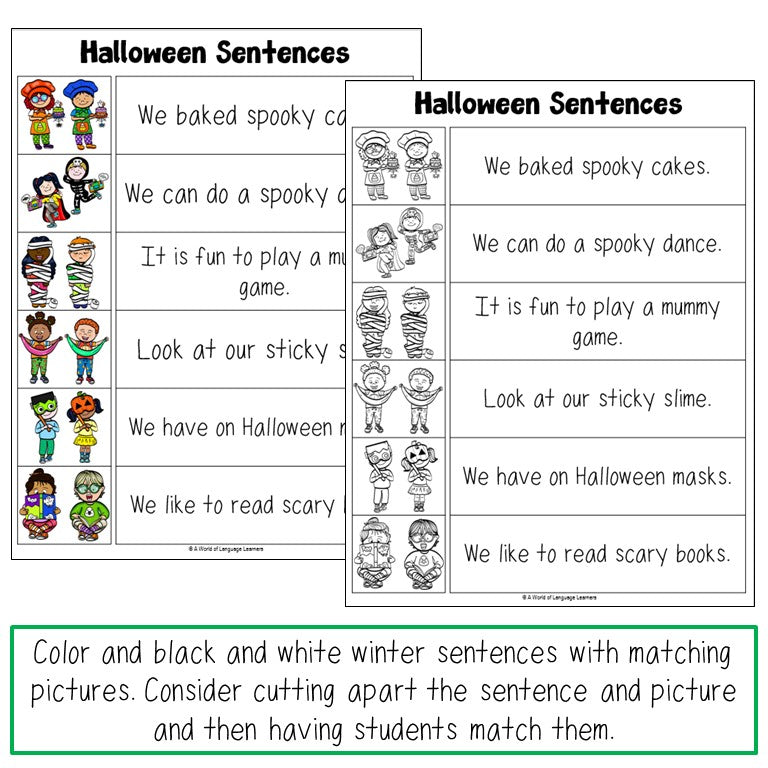 Preview of Halloween cut apart sentence worksheets