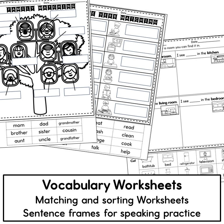 Newcomer ESL Vocabulary Cards- Cothing, Home, Family - Nouns and Verbs
