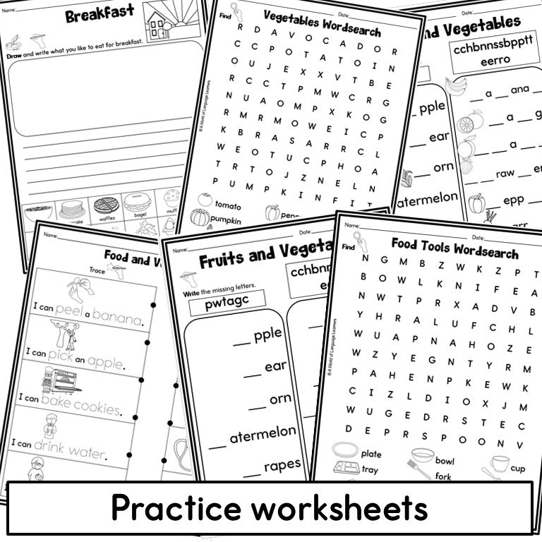 Newcomer ESL Vocabulary Workbook - Food, Meals, Objects, Verb Worksheets