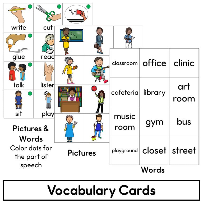 Newcomer ESL Vocabulary Cards- School Places, People, Tools, Verbs