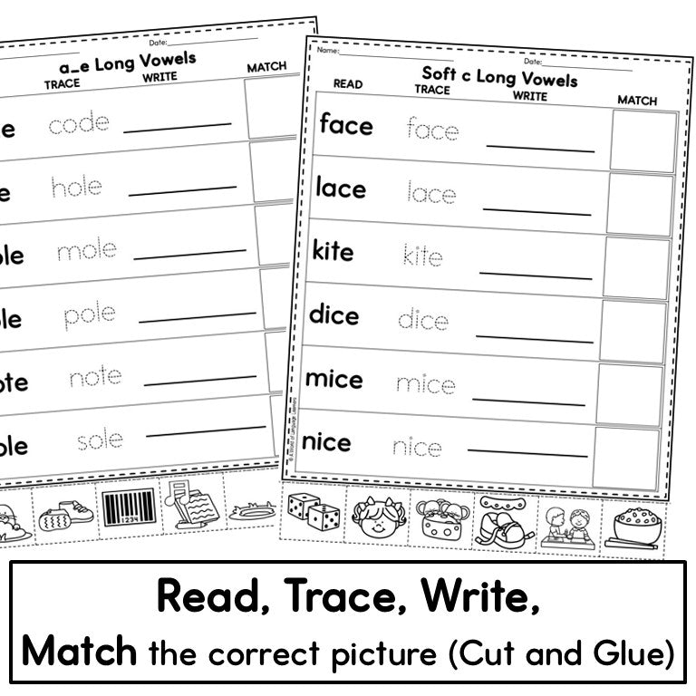 CVCe Long Vowel Phonics - Read, Trace, Find Practice Worksheets
