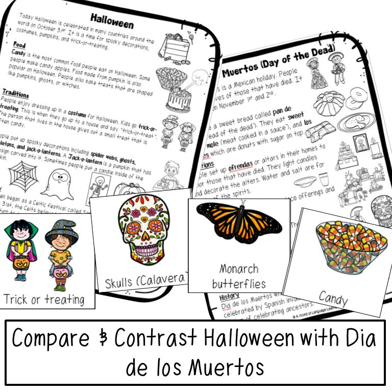 Reading passages comparing Halloween and Dia de los Muertos with picture cards