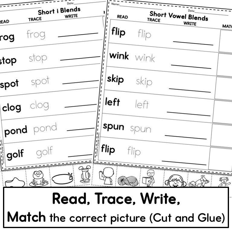 Blends Short Vowel Phonics - Read, Trace, Find Practice Worksheets