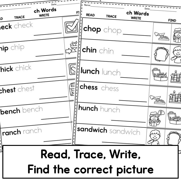 Digraph Phonics - Read, Trace, Find Practice Worksheets