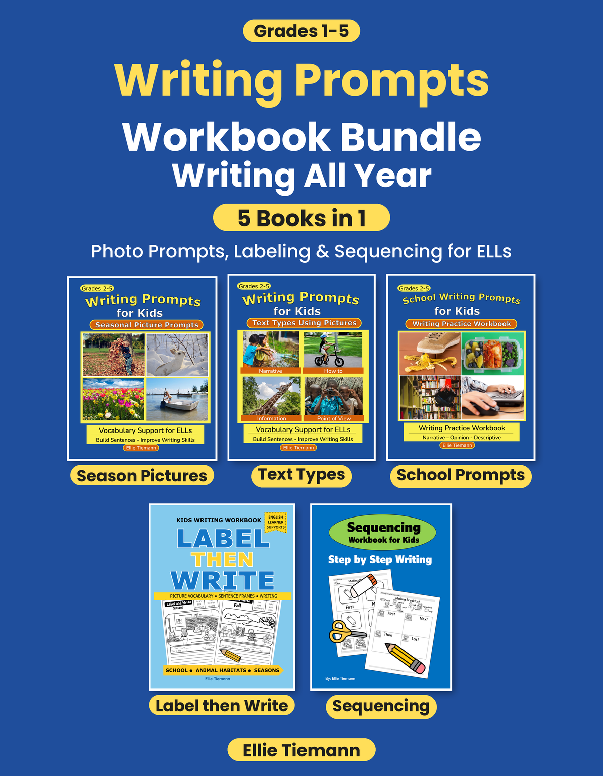 Cover of the Writing All Year bundle for grades 1-5, showing all 5 writing prompts workbook covers