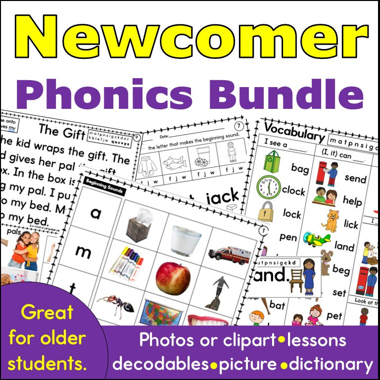 Newcomer Phonics Practice Bundle - Lessons, Decodables, Picture Vocabulary