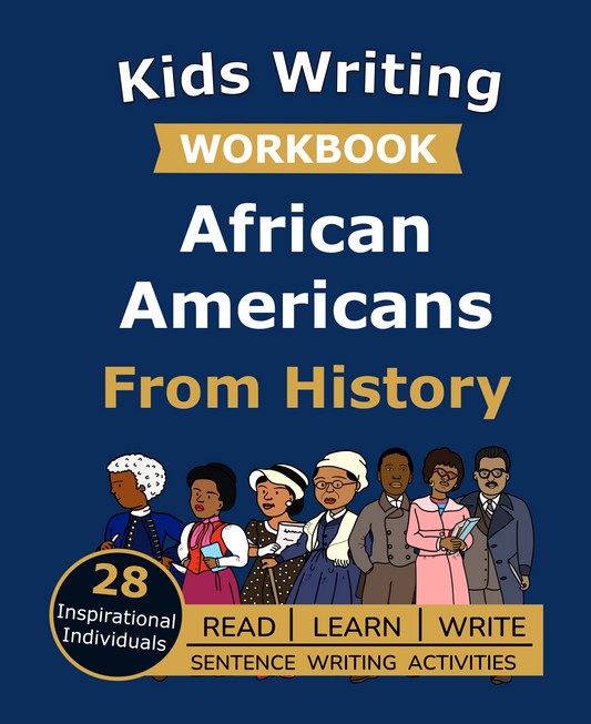 Cover of the Kids Writing Workbook: African Americans From History, with drawings of 28 people from US history