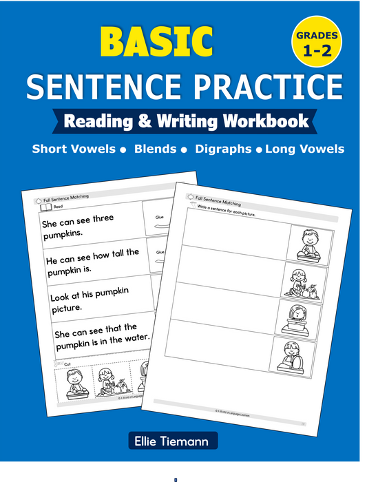 Cover of Basic Sentence Practice Reading and Writing Workbook, grades 1-2, with sentence matching pages