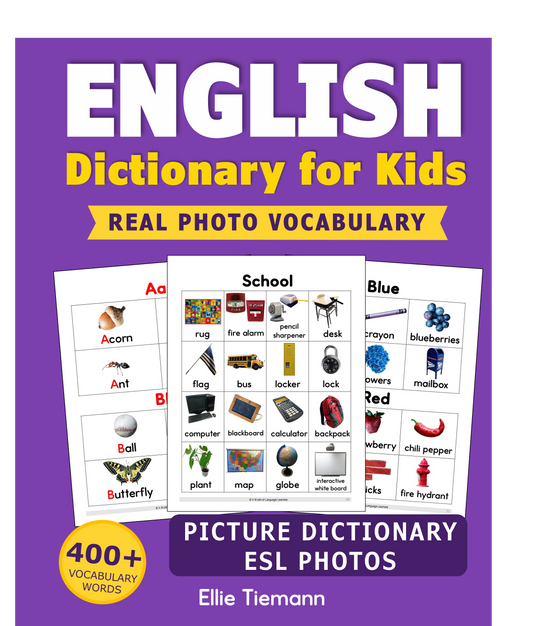 Cover of English Dictionary for Kids: real photo picture dictionary with 400+ vocabulary words for ESL students