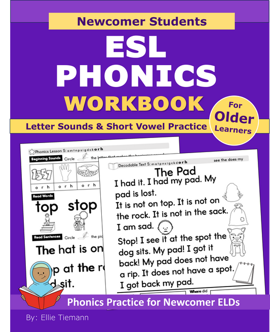 Cover of the ESL Phonics Workbook: Letter Sounds and Short Vowel Practice for older newcomer students