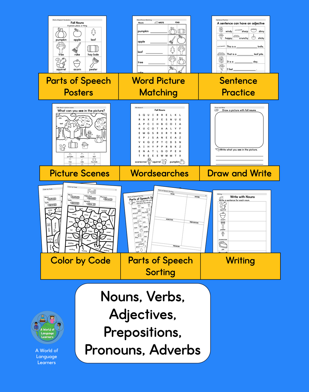 Fall Grammar Workbook for Children: Parts of Speech Color by Code Vocabulary Practice for Kids