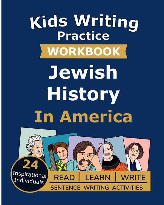 Cover of the Kids Writing Practice Workbook: Jewish History in America, with portraits of 24 Jewish Americans