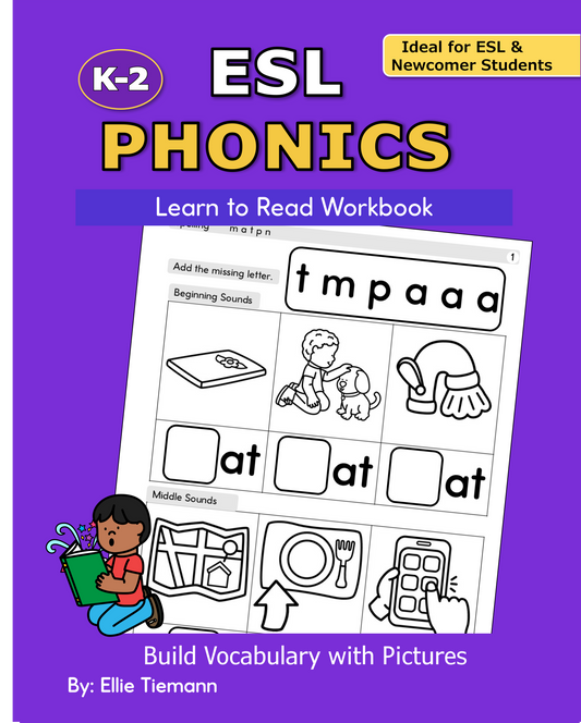 Cover of the K-2 ESL Phonics: Learn to Read Workbook for ESL and newcomer students, with a beginning sounds page