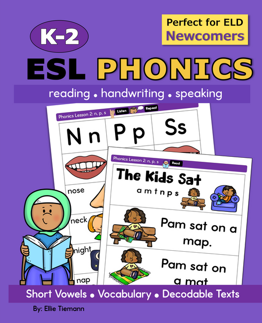 Cover of K-2 ESL Phonics workbook for ELD newcomers: reading, handwriting and speaking, with a decodable text page