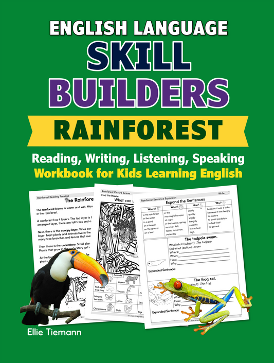 Cover of English Language Skill Builders: Rainforest workbook for kids learning English, with a toucan and tree frog