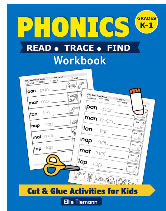 Cover of the Read, Trace, Find Phonics Workbook with cut and glue activities for kids in grades K-1