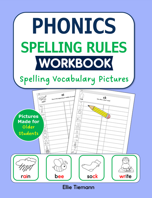 Cover of Phonics Spelling Rules Workbook: Spelling Vocabulary Pictures, with pictures made for older students