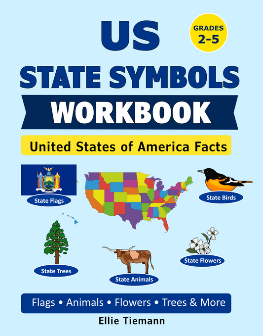 Cover of US State Symbols Workbook, grades 2-5, with a US map, state flag, bird, tree, flower and animal