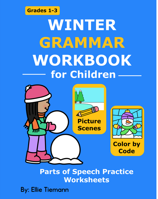 Cover of Winter Grammar Workbook for Children, grades 1-3, with picture scenes and color by code pages