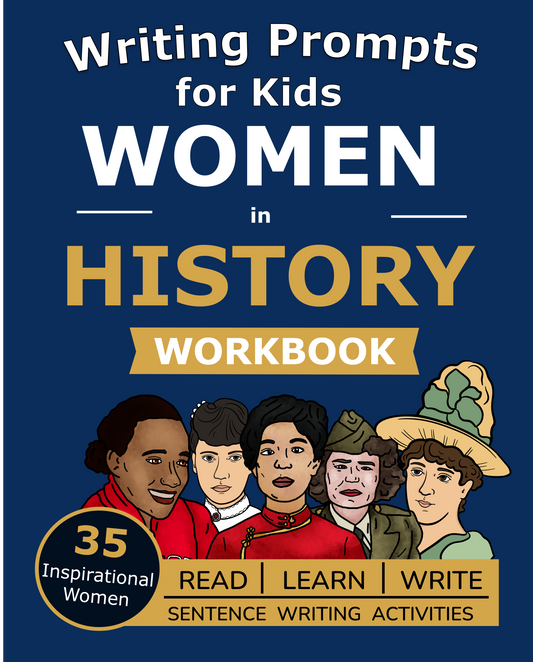 Cover of Writing Prompts for Kids: Women in History Workbook, with drawings of 35 women from US history