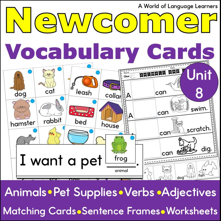 Newcomer ESL Picture Vocabulary Cards- Animals- Nouns, Verbs, Adjectives