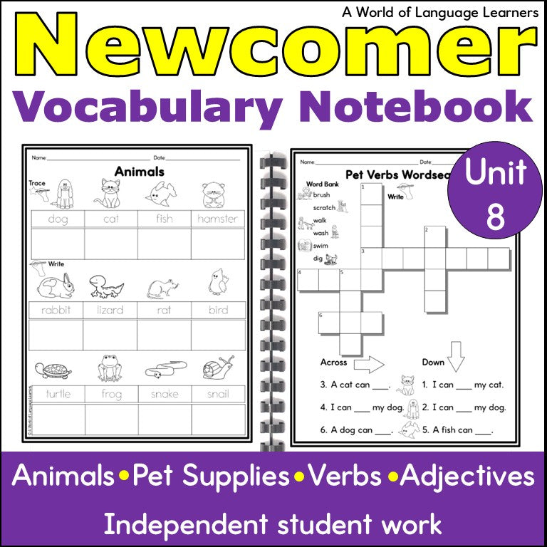Newcomer ESL Vocabulary Notebook- Animals- Nouns, Verbs, Adjectives