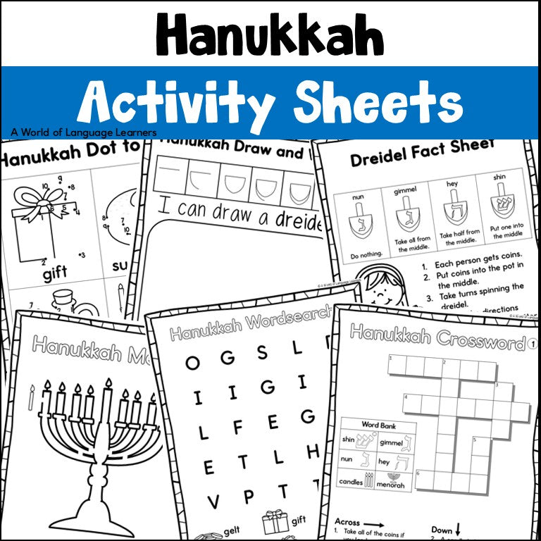Hanukkah Activity Worksheets - Directed Drawing, Color by Code, Puzzles, & Mazes