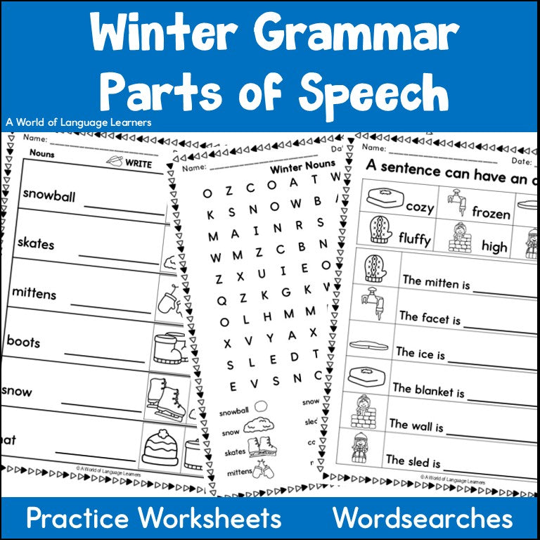 Winter Parts of Speech Worksheets - Grammar Wordsearches