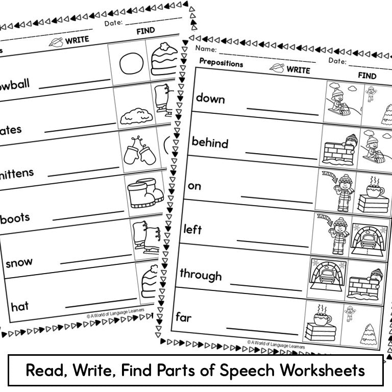 Winter Parts of Speech Worksheets - Grammar Wordsearches