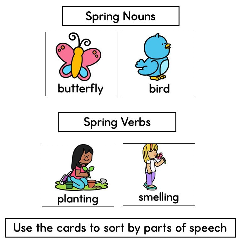 Spring Vocabulary Parts of Speech Pictures Grammar Posters and Matching Cards