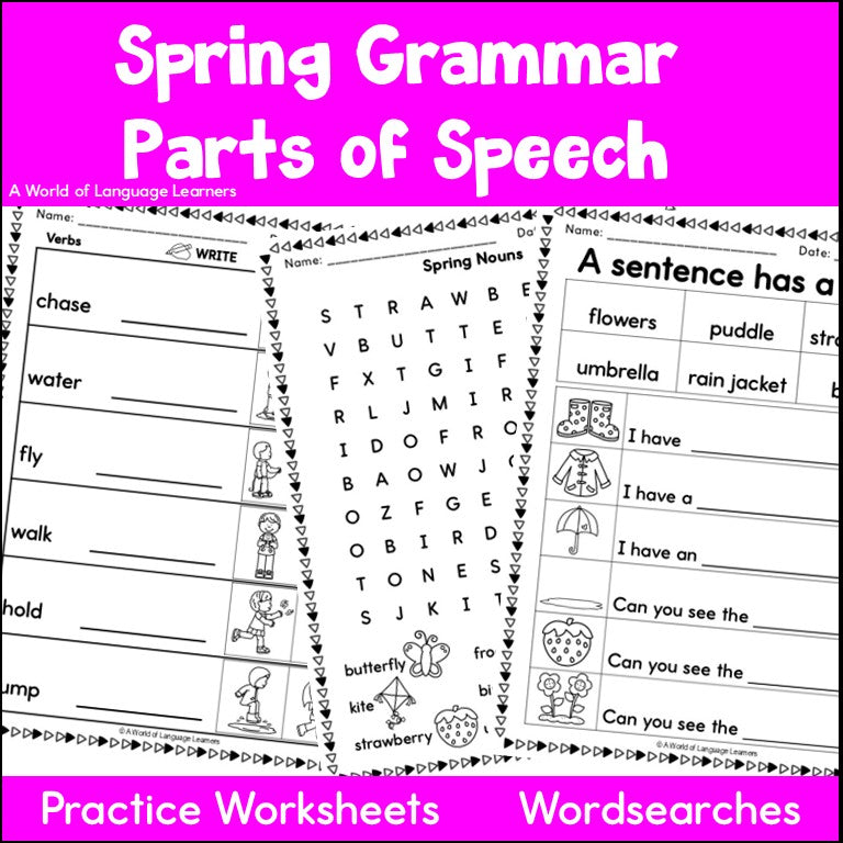 Spring Parts of Speech Worksheets - Grammar Wordsearches