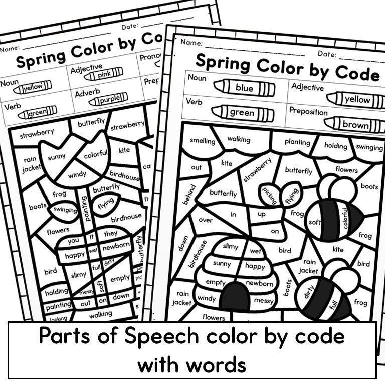 Spring Parts of Speech Color by Code - Grammar Coloring Worksheets