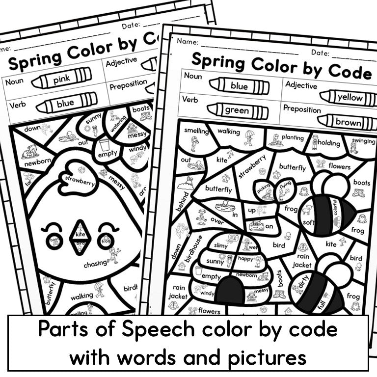 Spring Parts of Speech Color by Code - Grammar Coloring Worksheets