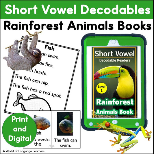 Cover of Short Vowel Decodables Rainforest Animals Books, print and digital, with a Fish passage and a toucan book