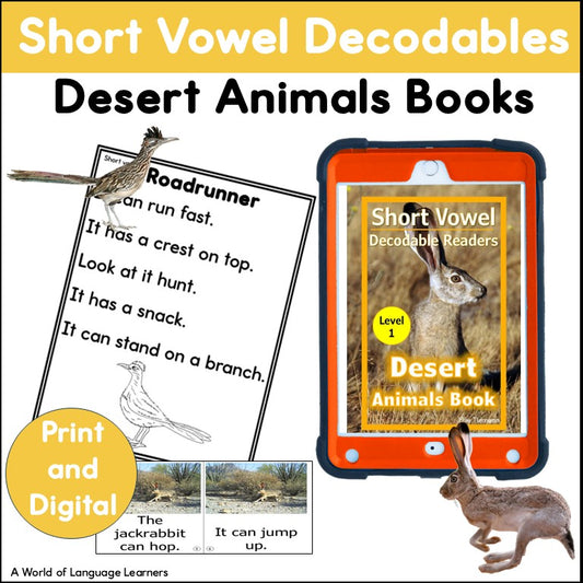 Cover of Short Vowel Decodables Desert Animals Books, print and digital, with a Roadrunner passage and a jackrabbit book