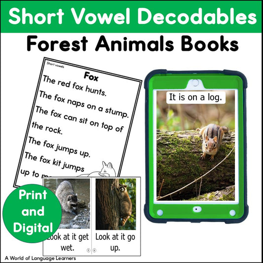 Cover of Short Vowel Decodables Forest Animals Books, print and digital, with a Fox passage and a chipmunk on a tablet