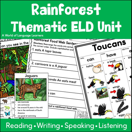 Cover of Rainforest Thematic ELD Unit with a Jaguars fact card, food web sentences and a Toucans can, have, are chart