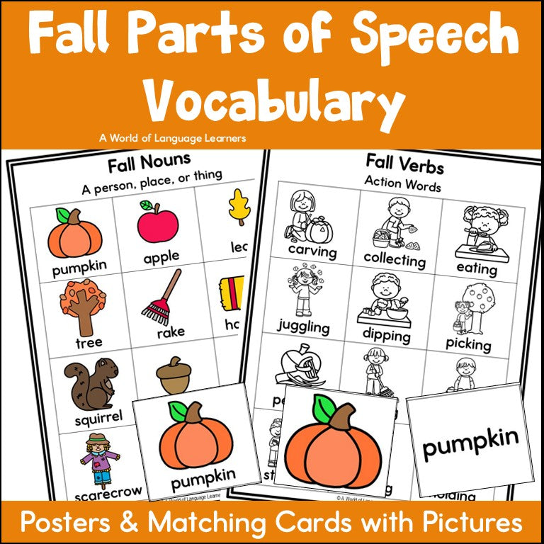 Fall Vocabulary Parts of Speech Pictures Grammar Posters and Matching Cards