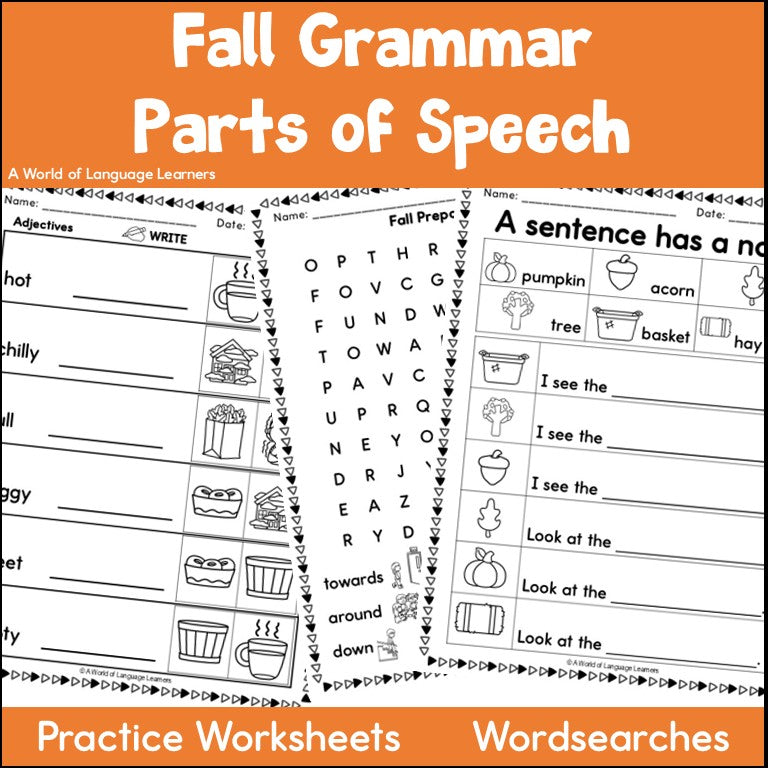 Fall Parts of Speech Worksheets - Grammar Wordsearches & Matching Practice