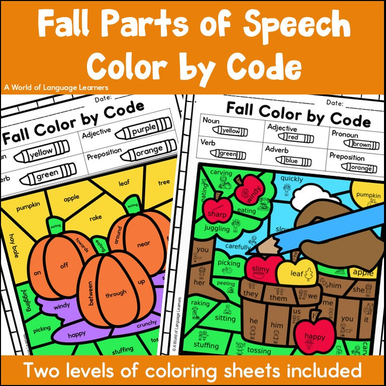 Fall Parts of Speech Color by Code - Grammar Coloring Worksheets