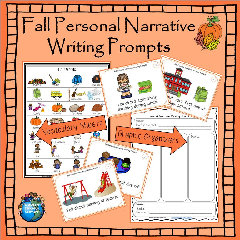 Cover of fall personal narrative writing task cards for ESL students in grades 2-5