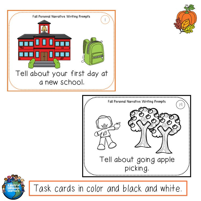 Preview page of fall personal narrative writing task cards for ESL students in grades 2-5