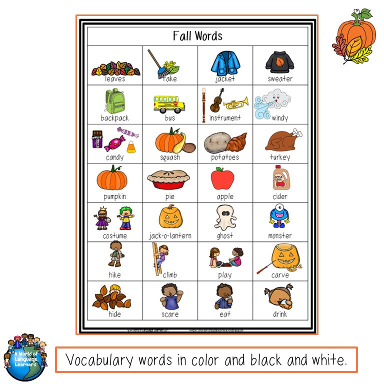 Preview page of fall personal narrative writing task cards for ESL students in grades 2-5