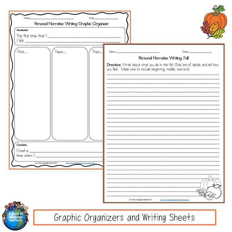 Preview page of fall personal narrative writing task cards for ESL students in grades 2-5
