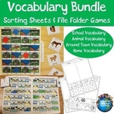 Newcomer Vocabulary Sorting Sheets and File Folder Games Bundle - Tier One Vocab