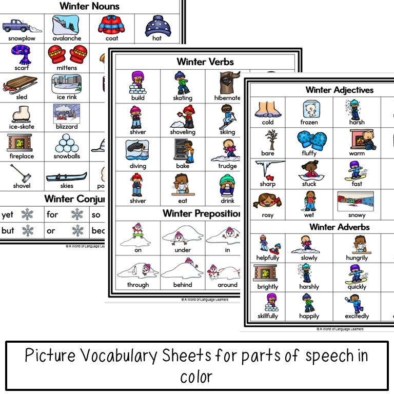 Winter Illustrated Vocabulary Sheets | Parts of Speech Pictures