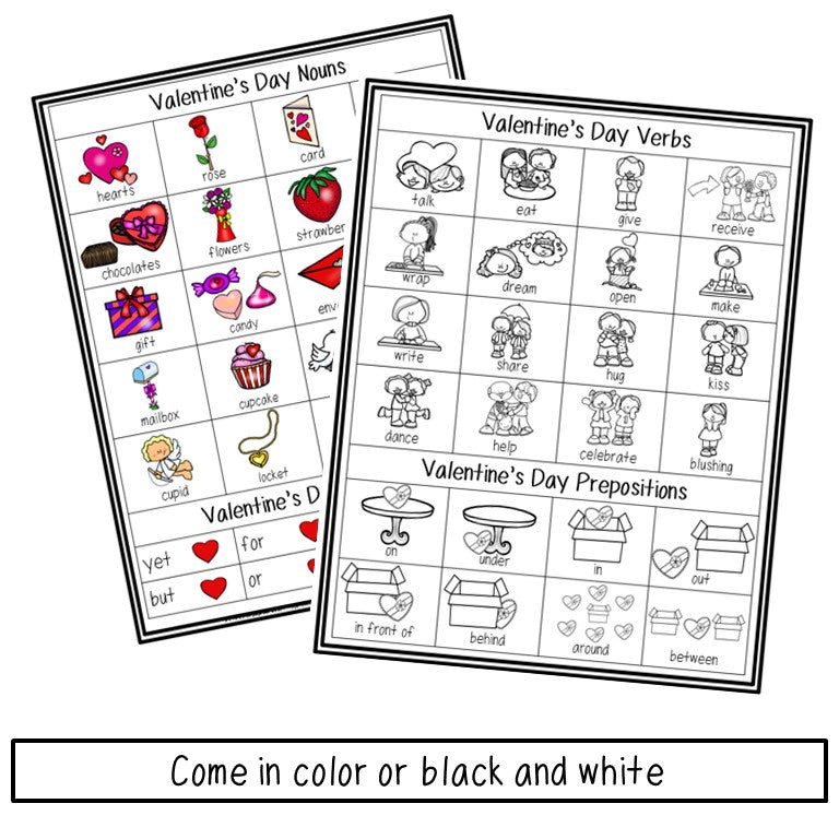 Valentine's Day Parts of Speech Illustrated Vocabulary Sheets