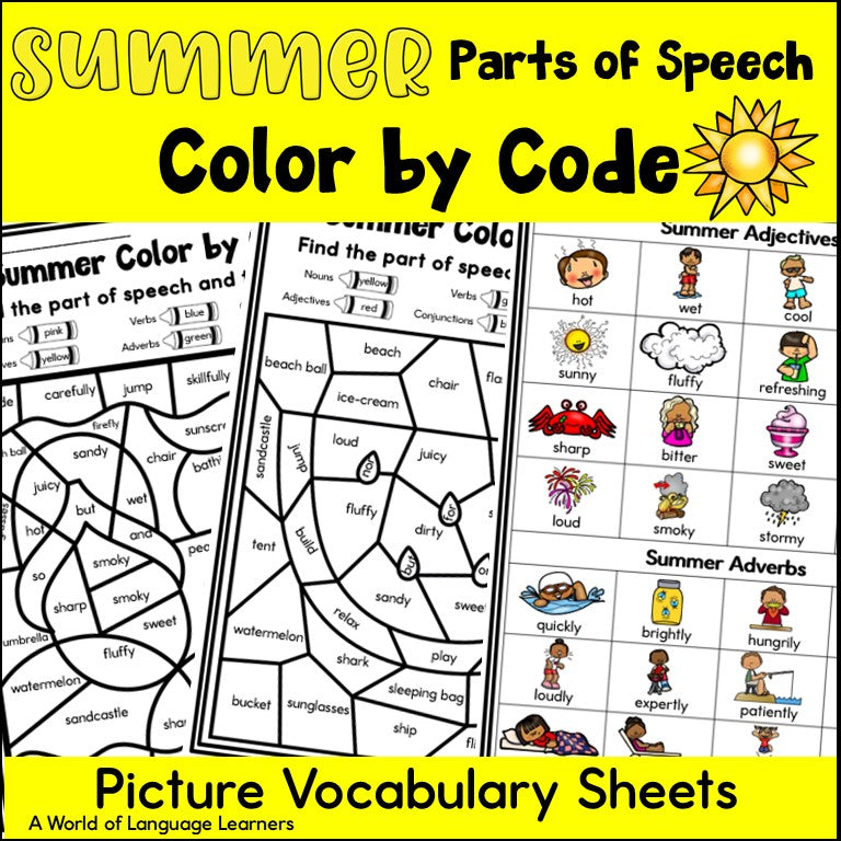 Cover of summer parts of speech color by code for ESL students in grades 2-5